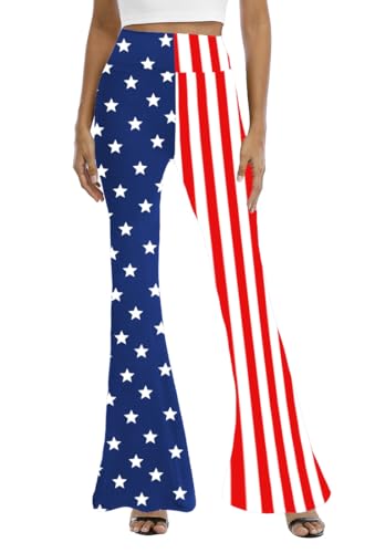 Image of WSPLYSPJY Women's Print Stretch Bell Bottom Flare Palazzo Pants Trousers Flag L