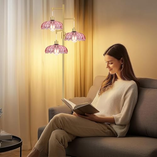 Image of ZECOXOL Gold Floor Lamps for Living Room-3 Light Dimmable Floor Lamp with Three Bulbs & Glass Lampshape, Mid Century Modern Standing Lamp Tree Tall Flower Floor Lamp for Bedroom Living Room,Corner