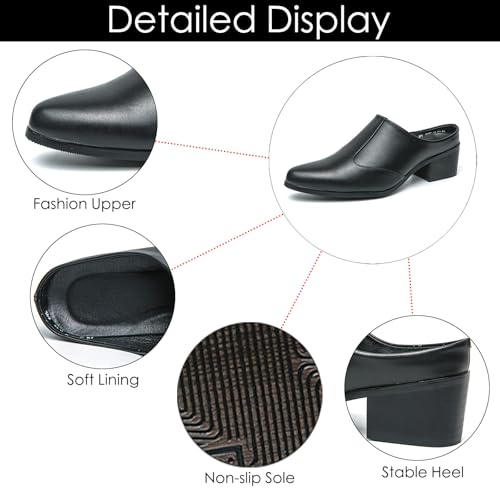 Men's Color Blocked Leather Casual Low Chunky Heel Mules Fashion Comfortable Breathable Closed Pointed Toe Slip-On Dress Block Heel Pump Sandals for Party Office3