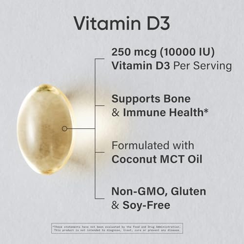 Image of Sports Research Vitamin D3 10,000iu (250mcg) with Coconut MCT Oil - Max Strength Vitamin D Supplement - Gluten Free . Non-GMO . Soy Free - 120 Count Softgels