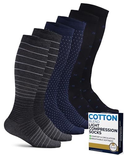 Pembrook Cotton Light Compression Socks for Women & Men - 3 Pairs | 8-15 mmhg Mens Sports Compression Socks Knee High Comfort and Fatigue Relief | Stripes Squares Polkadots/NvyPlkdts