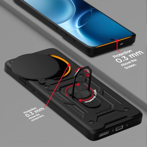 Image of Pikkme Back Cover for Vivo X300 Pro 5G | 360 Protection Case | Sliding Camera Shield Cover & Ring Holder Stand D10 Tough Armor Bumper Case (Black)