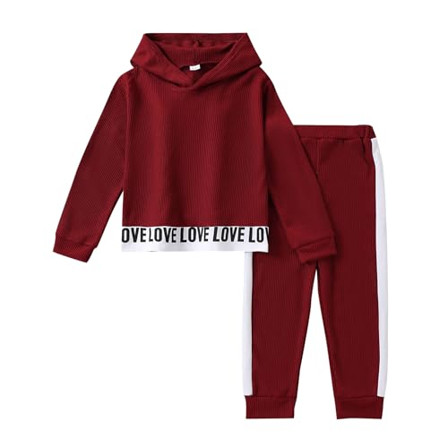 Image of Toddler Kid Girls Clothes Ribbed Color Block Long Sleeve Hoodie Sweatsuit Set Fall Outfits