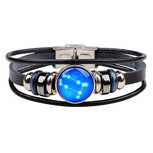 Bracelet Gémeaux en cuir noir tressé et verre rétro style unisexe