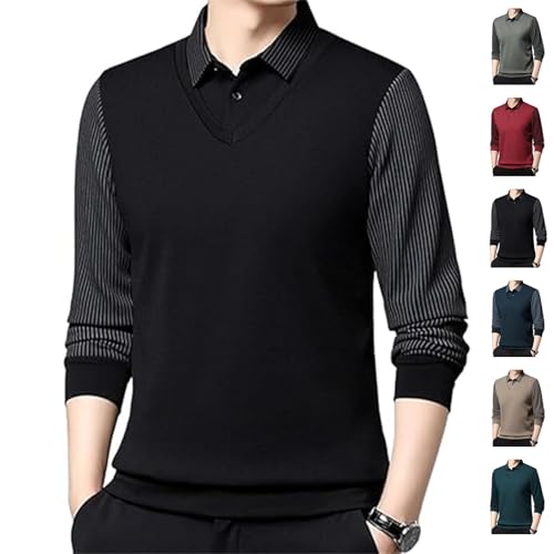 Men's Striped Lapel Fake Two-Piece Shirt, Men's Faux Two Piece Lapel Long-Sleeve Tops, Shirt for Men,Polo Shirts