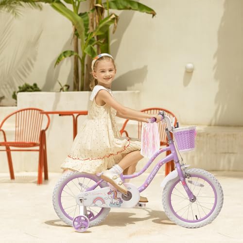 Bixike Princess Style Girls Bike with Basket for 2-13 Years Old Kids and Toddlers, 12 14 16 18 Inch Bicycle for Children with Training Wheels and Streamers, 20 Inch with Kickstand, Multiple Colors