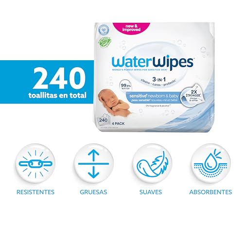 Miniatura 2 de WaterWipes Sensitive+ Newborn & Baby Wipes, Toallitas Para Recién Nacidos y Bebés, 240 unidades (paquete de 4), 3 en 1 Limpia, Cuida, Protege, 99,9% Agua, Sin perfume