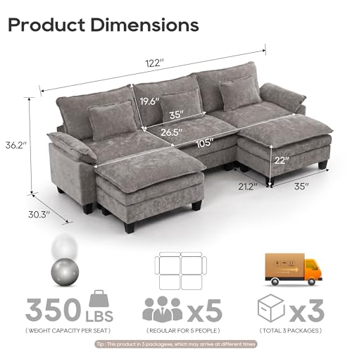 Image of URRED Oversized Modular Sectional Sofa,Gray:122 inch U Shaped