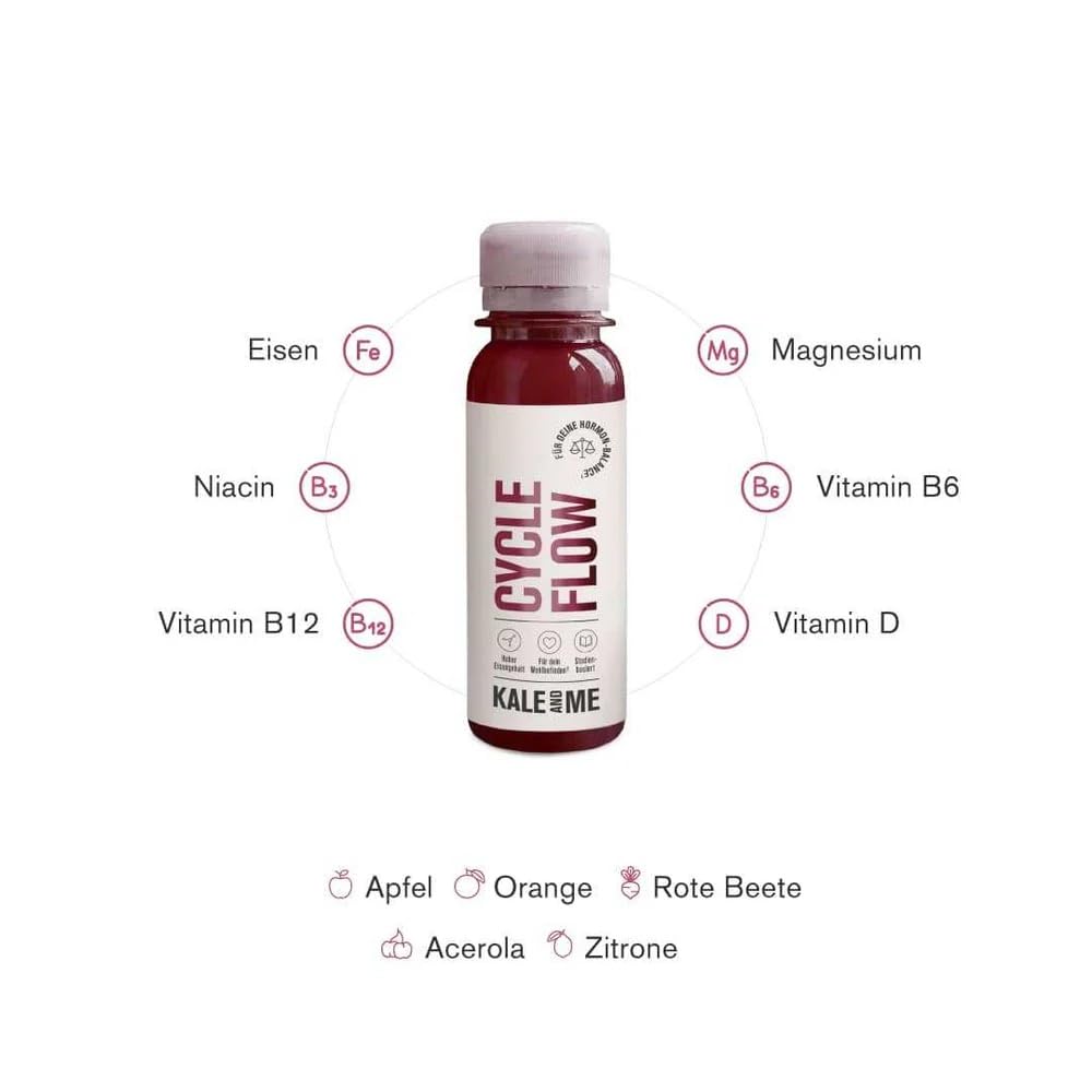 Kale&Me Cycle Flow 2 Wochen – 14 Shots mit je 85 ml – mit Zyklus Guide | Obst- & Gemüsesaft mit Eisen, Magnesium & Vitaminen, für deine Zyklus Balance, vegan, ohne Zusatz- & Konservierungsstoffe
