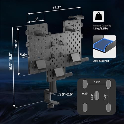 Image of PEGZONE Modular Headphone and Controller Holder for Game, Clamp-on Pegboard, Rotatable Controller Stand with Cable Hooks, Gaming Accessory for Xbox PS5 PS4 Nintendo Switch, 3Pcs Pegboard, Black