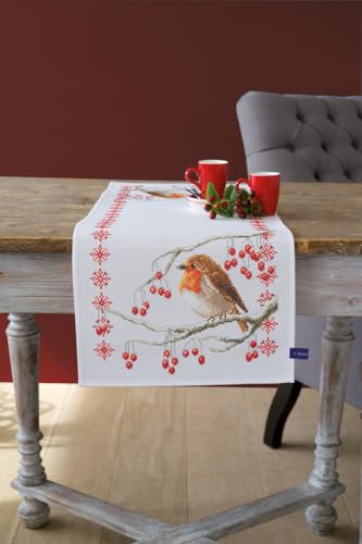 Image of Vervaco Embroidery Kits Cross Stitch Table Runner DIY Kit, Tablecloth to Embroider with Embroidery Image in Modern Design, Cotton and Embroidery Thread, 12,8 x 33,6 Inches, Robin
