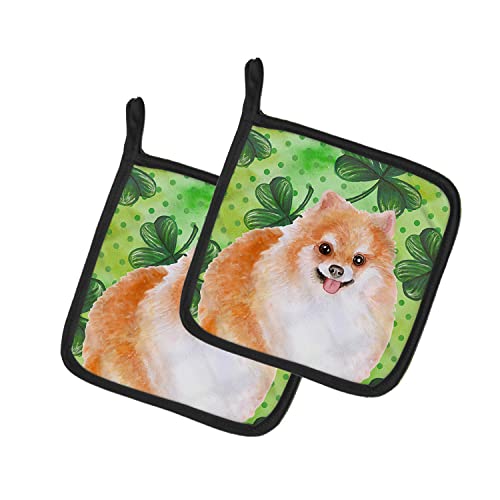 Caroline's Treasures BB9890PTHD Pomeranian #2 St Patrick's Pair of Pot Holders, Green Kitchen Heat Resistant Pot Holders Sets Oven Hot Pads for Cooking Baking BBQ, 7 1/2 x 7 1/2