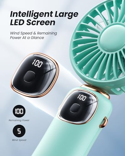 Image of coldSky Portable Handheld Fan, 4000mAh Battery Operated Fan with LED Display, Handheld /Neck /Desk 3 in 1 Personal Small Fans, 90 Foldable Desk Fan with Base, 5 Speed Makeup Lash Fan for Women Green