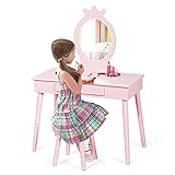 MAT EXPERT Kids Vanity Table Set, Child Pretend Play Makeup Table w/Stool & Crown Mirror, Princess...