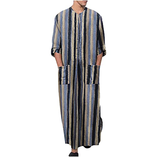 Men's Striped Robe Button Up Long Sleeve Kaftan Thobe Splits Long Gown Casual Shirt Ramadan Mosque Madrasa Outfits