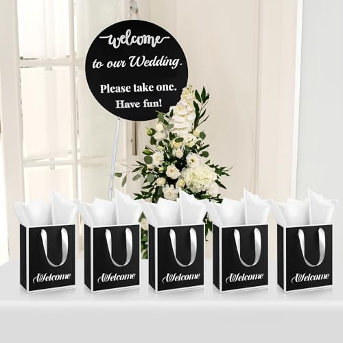 Image of Yeaqee 24 Pack Metallic Paper Gift Bags,Black, White | with Satin Ribbon Handle and Tissue, 9x7x3.1 Inch, Suit Business, Birthday, Christmas, Thank You Return Gifts Bags