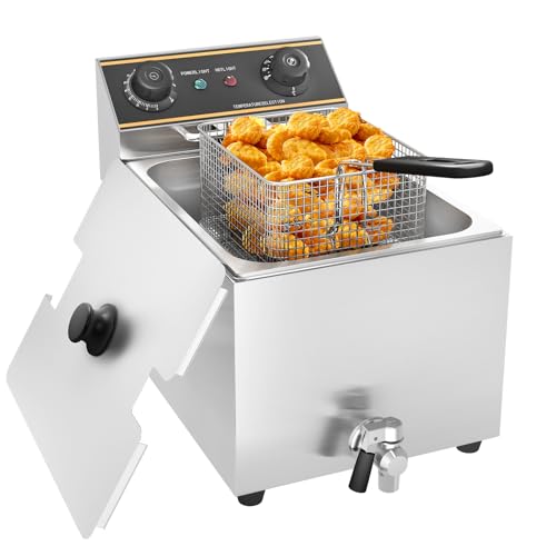 MOOTACO Electric Deep Fryer,6L Countertop Fryer with Drain Tap,2500W Stainless Steel Fryer,Single Tank with Lids&Basket for Home Restaurant Kitchen