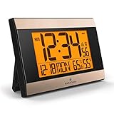 Marathon CL030052BK-GD Atomic Wall Clock with Auto Back Light Feature, Calendar, Temperature, Humidity and Big 2 ½ Inch Digits. C Cell Batteries Included. Color-Black Panel/Gold Trim.
