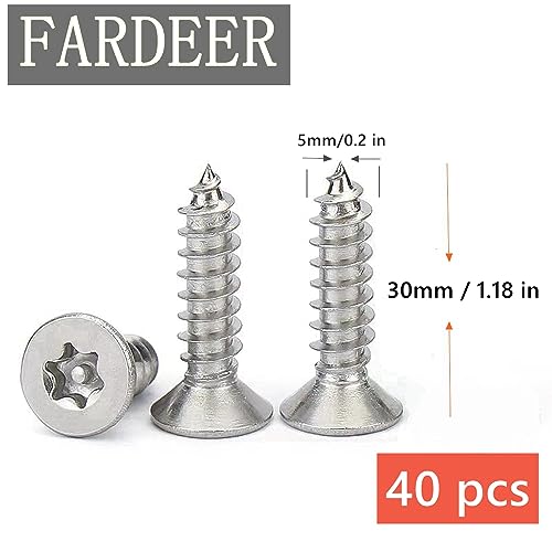 FarDeer Stainless Steel Flat Head Self-Tapping Screws M4/M5 Security Sheet Metal Screws Torx Sheet Metal Screws Security Silver Screws Anti-Theft Tamper Proof. (M5*30mm * 40pcs) - Image 2