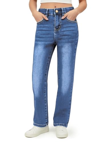 PATPAT Girls Bootcut Jeans 4-14Y, Elastic Waist Jeans with Pockets Straight Leg Pants, Blue, 7-8 Years