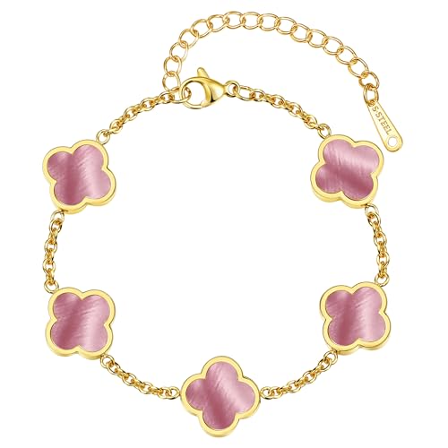 BAREEK Four Leaf Clover Lucky Bracelet for Women,18K Gold Plated Pink Pearl 316L Stainless Steel Cable Chain Barcelets, Hypoallergenic Non Tarnish Adjustable Pink Statment Lucky Jewelry Gifts for Mom