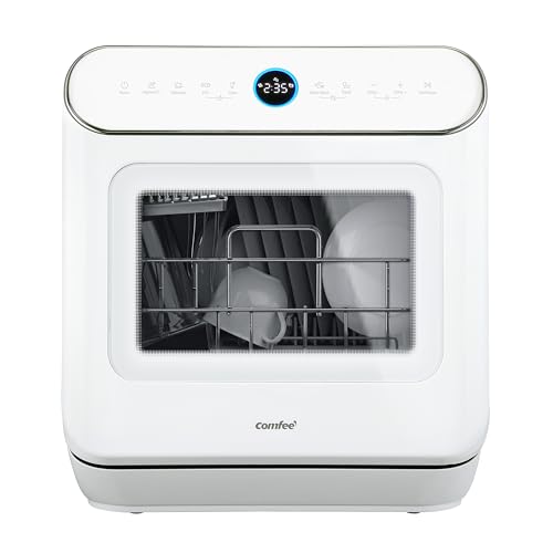 COMFEE' CDWMT305WD Mini Lavavajillas de Sobremesa Compacto con 3 Cubierto, 7 Programas, Control Táctil, Pantalla LED, 72℃ Lavado higiénico, 24h Inicio Diferido y Apertura Automática de Puertas, Blanco