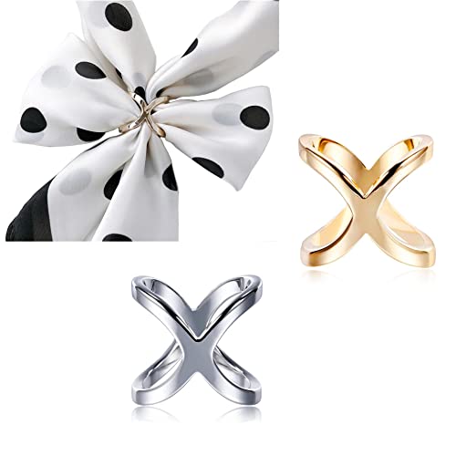2PCS X Shape Scarf Ring Scarves Buckle Silk Clasp Wrap Holder Scarf Decoration Ring Accessories for Women Shawl Silk Neckerchief(Gold+Silver)
