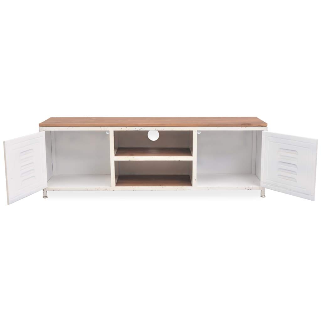 Szafka pod telewizor 120 x 30 x 40 cm, biała, styl industrialny, z ocynkowaną stalą i litego drewna jodłowego, niska szafka z miejscem do przechowywania, 2 półki i drzwi do salonu i sypialni