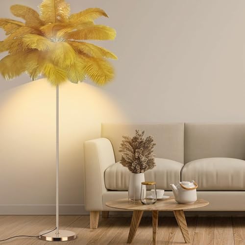 Lámpara de pie dorada de plumas con 3 temperaturas de color para una iluminación versátil