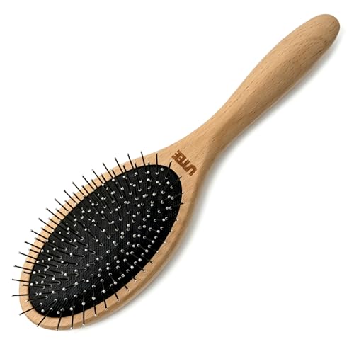UTEE Professional Pin Brush for Long-Haired Dogs & Cats - Anti-Static Beechwood Grooming Brush with Massage Tips - Gentle De-tangling for Silky Coats & Sensitive Skin