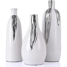Ceramic Vase 3 Piece Set, White and Silver Vases for Home Decor, Decorative Vases for Mantels, Shelves and Entryway Decor, Dining Table Centerpieces, Living Rooms, Fireplaces and Kitchen Decor.