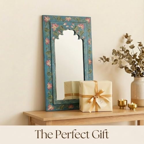 Image of Midnight Blue Handpainted Wooden Mirror | Handcrafted Arch Design with Floral Motifs | Rajasthani Traditional Jharokha Style Mirror | Framed Wall Hanging for Home, Bedroom |18x9.5 Inch