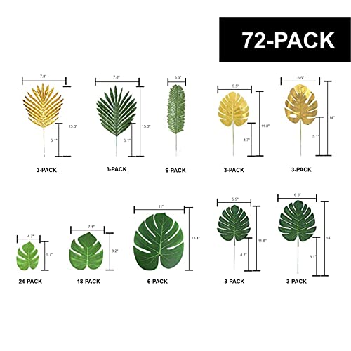 Roxxy Green Decor - Artificial Palm Leaves Decor (72 Pieces)- Golden Tropical Plant With Faux Monstera Leaves Stems - Fake Banana Safari Table Leaves Decoration For Hawaiian Luau Party Or Theme Party #TOP2