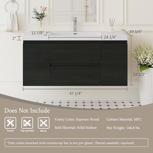 Image of KEIKI 48 inch Floating Bathroom Vanity with Sink, Pre-Assembled Wall-Mounted Vanity with Resin Basin, 2 Soft-Close Drawers & Doors, Modern Space-Saving Bathroom Cabinet, Black