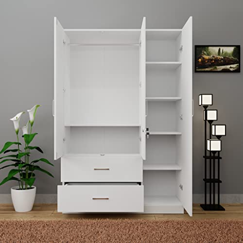 Image of VIKI Wardrobe | Wooden Almirah for Clothes,Door for Bedroom, 3 Door Wardrobe with Drawer & Hanging Space (Frosty White - 40D x 120W x 180H) | 1 Year Warranty | Free Assembly