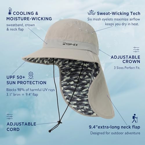 Image of TOP-EX Cooling Sun Hat with Neck Flap - UPF 50+ Wide Brim Breathable Hat for Hiking, Fishing & Big Heads
