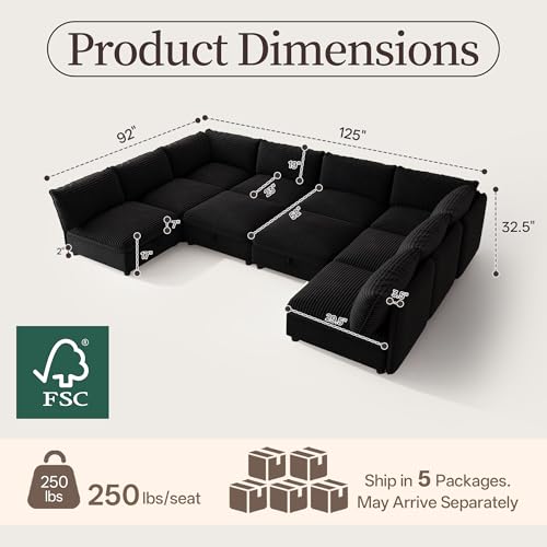 Image of Oversized Corduroy Modular Sectional Sofa Bed with Hidden Storage, Convertible L U Sleeper Couch, 10-Seat Modular Sofa Free Combination with Ottoman & Removable Covers for Living Room, Black