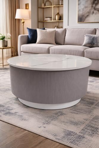 Image of WOODEN SPACE Round Marble-Top Wooden Center Table for Living Room | Modern Entryway Furniture | Coffee Table - 30X30X18 Inch (Light Grey)