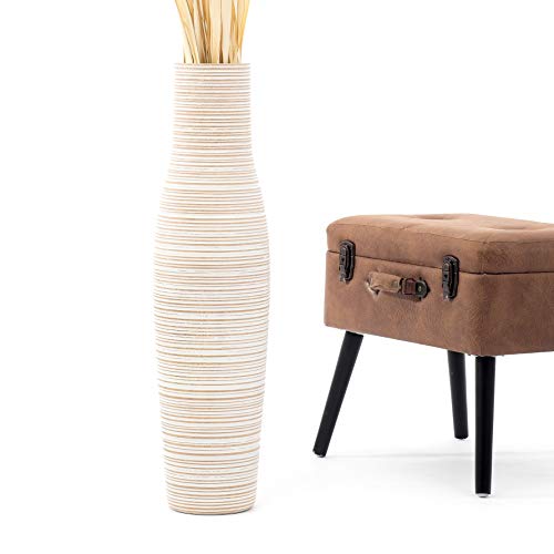 Leewadee Grand Vase A Poser Au Sol pour Branches Décoratives De Pampa, Vase en Bois De Manguier, 65 cm, Blanc
