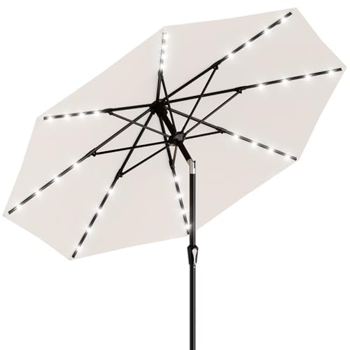 Image of AreShark 9FT Patio Umbrella with Solar Lights, 32 Lighted Pool Umbrella w /Tilt and Crank, Outdoor Market Solar Umbrellas for Garden, Deck, Backyard, Pool and Beach, Cream-White