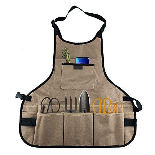 XCOZU Multifunktional Gartenschürze Khaki, Wasserdichte Werkzeugschürze mit Taschen, Verstellbarer Gürtel Verschleißfest Oxford-Stoff Gartenschürze mit Zubehör für Herren und Damen