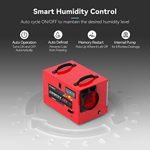 Baseaire Crawlspace Commercial Dehumidifier With Pump And Drain Hose, 120 Pints/Day (Saturation) 55 Pints/Day (Aham) Humidity Control For Up To 1,300 Sq Ft Basement Crawl Space, Memory Starting, Water Damage Storage, 5 Years Warranty #TOP3