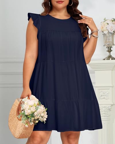 Image of Holipick Women's Plus Size Summer Dresses Casual Short Dress Babydoll Ruffle Sleeve Swing Flowy Sleeveless Tunic Dress