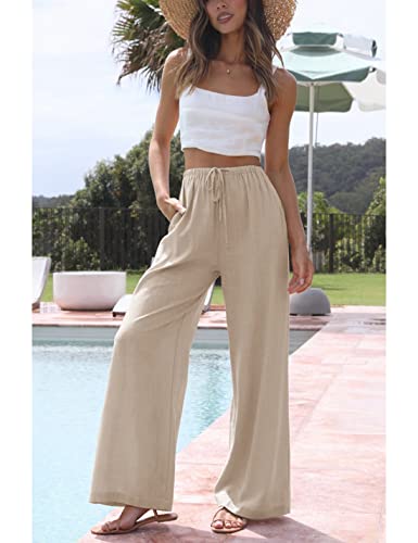 Hooever Women's Wide Leg Cotton Linen Pants High Waist Adjustable Tie Knot Lounge Trousers2