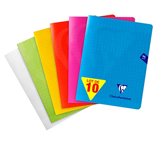 Clairefontaine 303741C Lot de 10 Cahiers Agrafés Mimesys - 17x22 cm - 96 Pages Grands Carreaux - Papier Blanc 90 g - Couverture Polypro Transparent - Couleurs Aléatoires