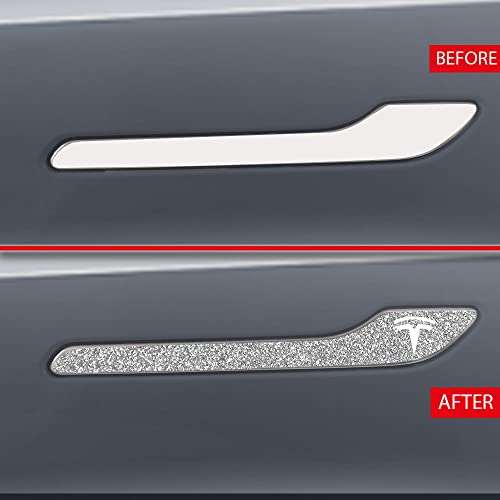 Image of IPG Compatible for Model 3 / Model Y /Juniper Door Handle Decal Sticker Wrap Kit (Set of 4) with Tesla Logo Personalize Your Tesla (White Glitter)
