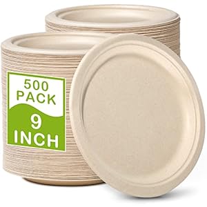 Paper Plates Bulk 500 Count, 100% Compostable Paper Plates 9 inch, Eco Friendly Disposable Plates Made of Sugarcane Fibers, Paper Plates Heavy Duty for Party, Picnic, BBQ, Bulk Case 4/125 Pack