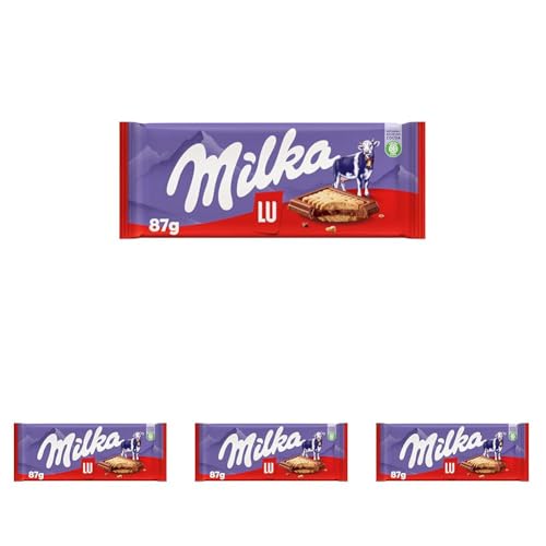 Milka LU Tableta de Chocolate con Leche de los Alpes Cubierta con Galletas LU 87g (Paquete de 4)