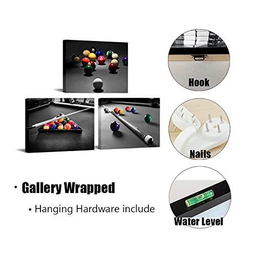 Simiwow Black And White Billiards Wall Art Pool Table Room Decor Picture Canvas Prints Framed Artwork Game Room Pool Room Boys Sports Room Wall Decor 12"X16"X3 Pieces #TOP5