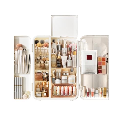 SEE SPRING Makeup Organizer for Vanity Large Capacity Skincare Organizers and Storage with Drawers Dustproof Cosmetic Display Case for Bathroom Countertop Trendy Teen Girl Gifts White